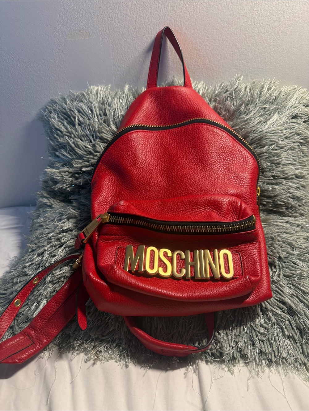 Moschino Red Pebbled Leather Backpack with Gold Logo